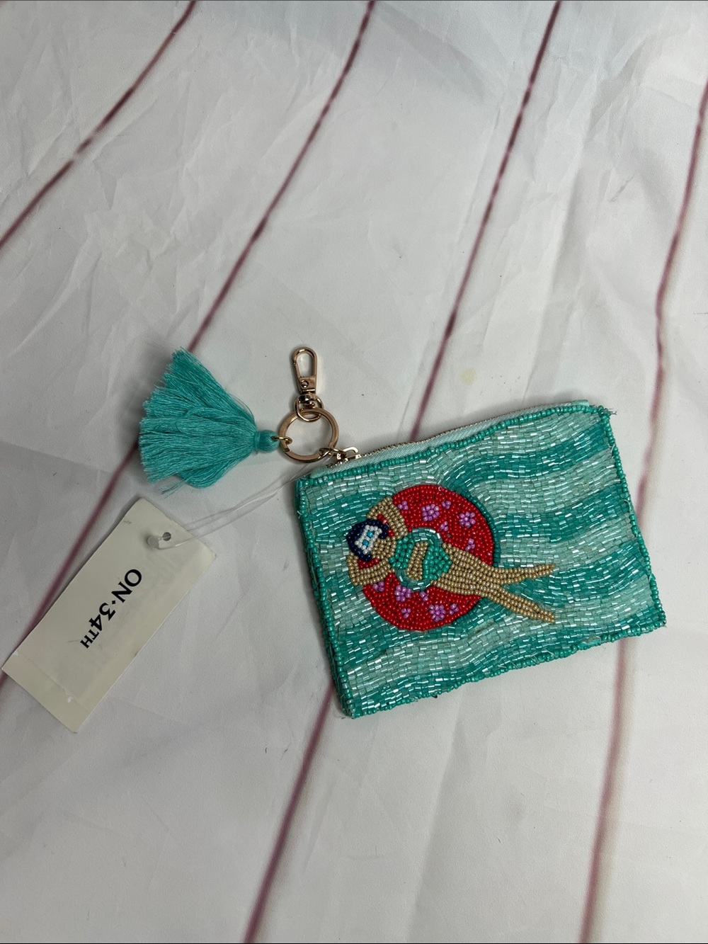 Beaded Teal Coin Pouch Keychain with Tassel